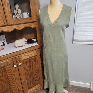 Francesca Bettini Sage Green 100% Linen Ruffle Midi Dress Sleeveless Size Medium